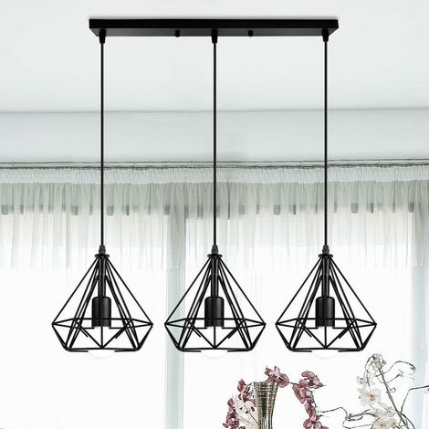Lustre Suspension Industriele Cage Forme Diamant Lampe de Barre en Métal Noir (1/2)