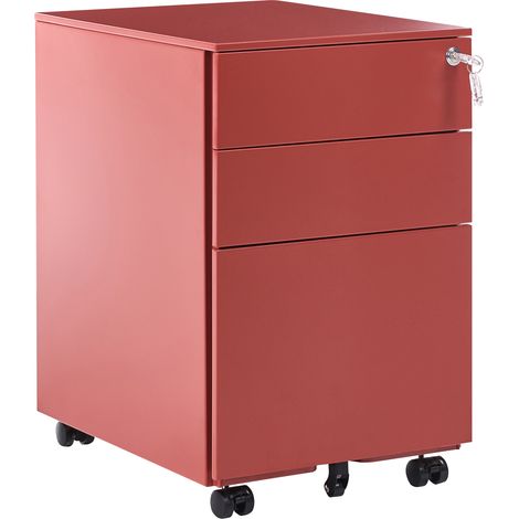 Armario de metal rojo 3 cajones ruedas cerradura industrial oficina Cami