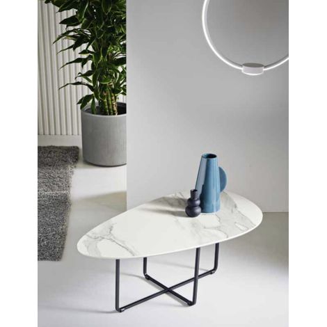 Tavolino in metallo con piano in vetro effetto Marmo Bianco GINNI 90 (1/5)