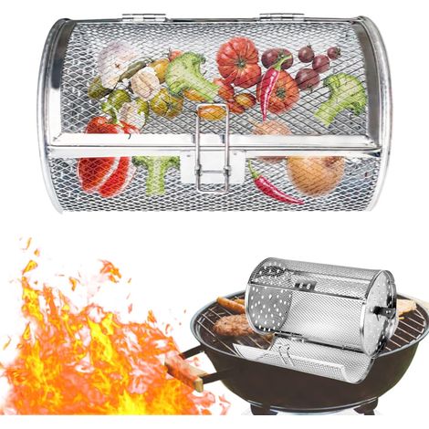 Cesta redonda de acero inoxidable para barbacoa, ideal para mini hornos, asadores giratorios y asadores al espetón. Perfecta para exteriores, camping y picnics. Medidas: 14 x 14 x 25 cm.