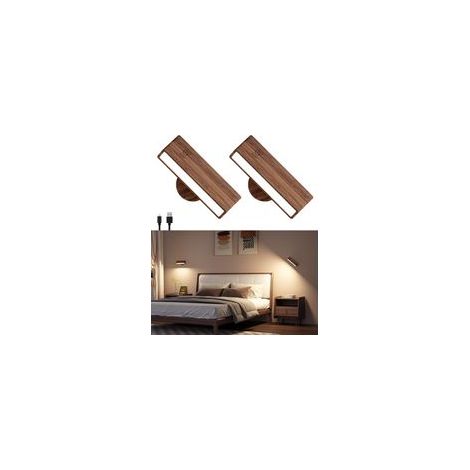 Wiederaufladbare, um 360 Grad drehbare, dimmbare, batteriebetriebene, magnetische Wandleuchte fürs Schlafzimmer, kabellose Wandleuchte (Walnussholz, 2er-Set) - Crezuo