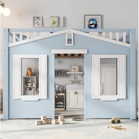 Lit mezzanine enfant 90x200 cm en bois bleu, gain de place pour chambre, sans matelas FloraGrace (1/5)