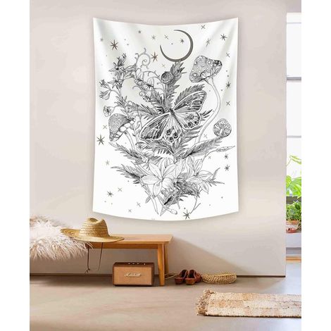 Tapisserie murale verticale « Nid de Bouddha, papillon et fleurs », fleurs sauvages noires et blanches, 1 pièce. (1/5)