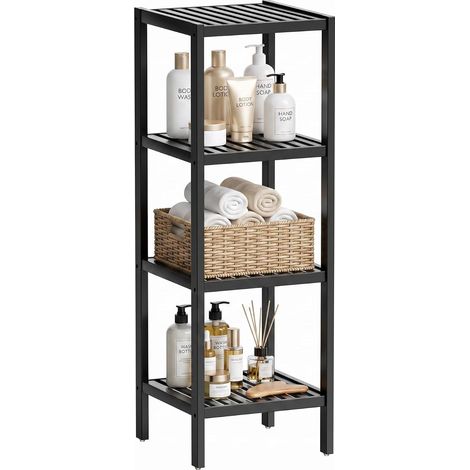 Étagère de rangement pour salle de bain, organisateur en bambou à 4 niveaux, meuble de rangement multifonction pour salon, chambre et cuisine (Noir) (1/5)