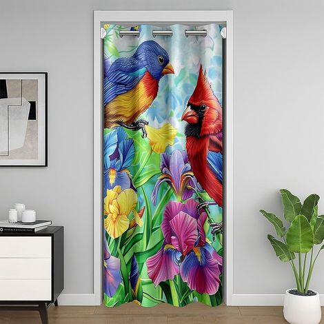 Cardinal Bird Rideau de Porte pour Doorways Hummingbird Fleur Rideau de Porte 86x203 Vintage Aquarelle Pays Iris Rideau Occultant Rustique Ferme Jardin Placard Rideau - 86L X 203H cm (1 Panneaux) (1/5)