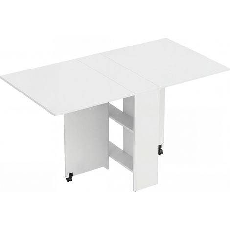 GagaTable pliante de cuisine salle à manger amovible sur roulettes 75L x 140l x 74H cm 2 étagères intégrées en bois coloris blanc (1/5)