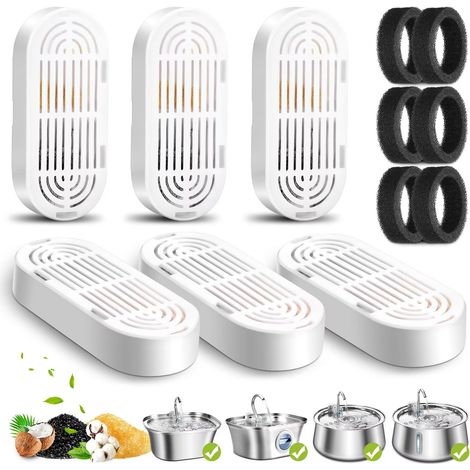 Fontaine à eau pour chat Mukkela, 6 filtres de rechange en charbon actif et éponges préfiltres pour abreuvoir en acier inoxydable avec fenêtre de niveau d'eau (1/5)