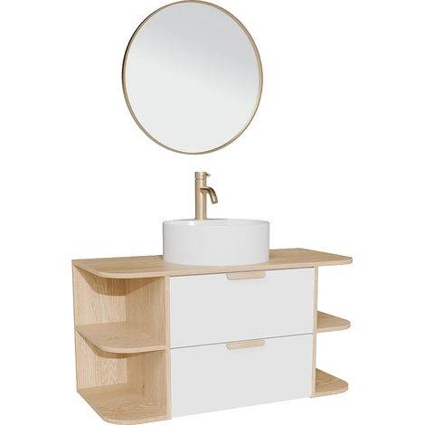 Meuble de salle de bain suspendu avec niches, vasque à poser ronde, robinet et miroir – Blanc et naturel clair – L100 cm – AVORELI (1/5)