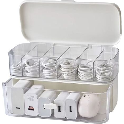Caja organizadora de cables de escritorio compacta y transparente con tapa: organizador de cables y cargadores sin desorden. (1/2)