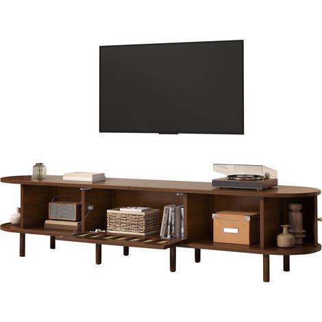 Meuble TV avec 1 Porte Abattante, 2 Portes Tambour et 5 Rangements Fermés, en MDF, Noyer, 180×40×40 cm (1/5)