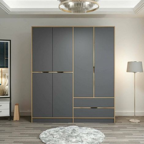 Guardaroba Grande Odalys, Armadio Camera da Letto 5 Ripiani, Appendiabiti, 2 Cassetti, 185x208h cm Nero e Marrone noce\ Antracite (1/4)
