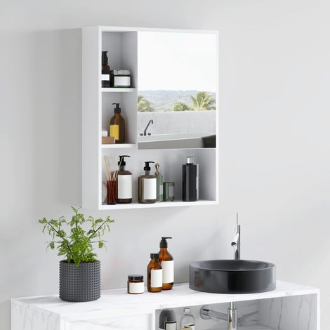 Mobiletto da bagno a parete con specchio, complemento d'arredo per il bagno, 5 scomparti e ripiano regolabile, 60x15x76 cm, bianco