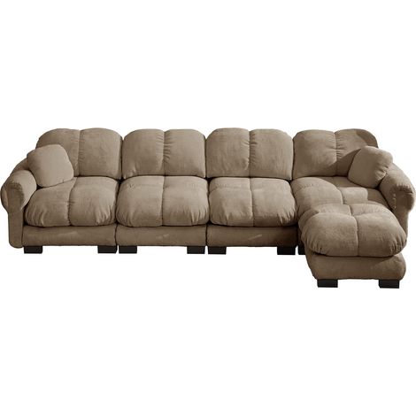 Divano angolare modulare a L 4 posti in ciniglia marrone con pouf mobile, HOMVRA (1/5)