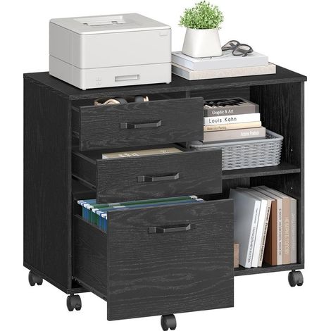 Caisson de rangement bureau 40 x 80 x 66 cm avec 3 tiroirs et compartiments ouverts style industriel en panneau d'aggloméré noir (1/2)