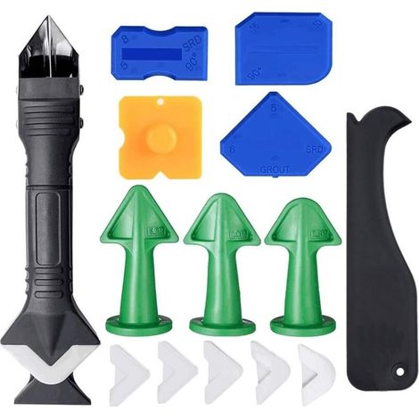Kit d'outils de calfeutrage en silicone, 15 pièces 3 en 1, kit d'outils de calfeutrage avec racloir en plastique, outils de mastic, parfaits pour salle de bain, cuisine, salle de bain (1/5)