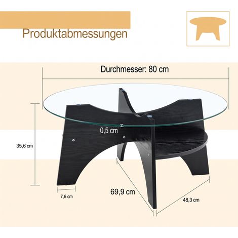 Table d'appoint ronde moderne en verre de sécurité, Ø 80 cm, cadre en éventail, pieds MDF aspect bois noir, pour salon (1/5)