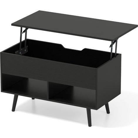 Tavolino da caffè moderno con scomparto nascosto e 2 scaffali aperti, Tavolino per soggiorno in legno Nero (1/4)