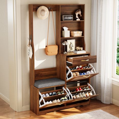 Meuble de rangement d'entrée avec banc, armoire à chaussures en rotin, patères et tiroirs pour couloir, placard mural pratique (1/5)