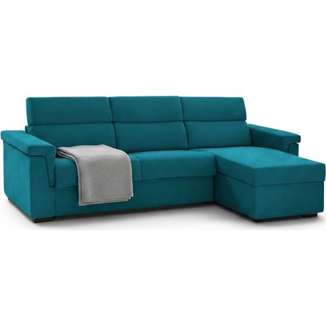 Dmora - Divano letto con penisola Zara, Sofà angolare trasformabile per salotto, imbottito, sfoderabile, Qualità 100% Made in Italy, 285x160 h100 cm, Azzurro (1/5)