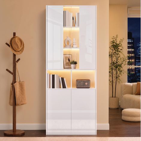 Armario alto (70x35x180 cm), con puerta acrílica, luces LED controladas por app, MDF y tablero de partículas blanco (1/5)