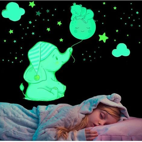 Stickers Mural Éléphant Lumineux, Autocollant Mural Lune Étoile Fluorescent, Lumineuses Wall Stickers, Phosphorescentes Stickers Muraux Amovible, Cadeau pour D'enfants Garçons Fille Chambre DIY Décor (1/5)
