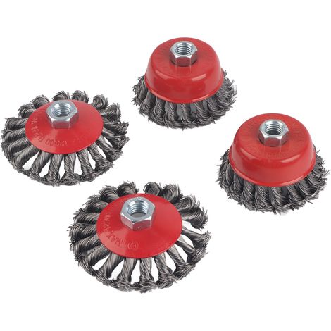 Ensemble de brosses métalliques : 2 brosses en forme de roue de 10 cm (M14) et 2 brosses en forme de bol de 7,5 cm (M14) pour le nettoyage des surfaces (1/5)