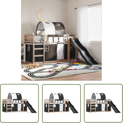The Living Store Etagenbett mit Rutsche und Gardinen Weiß und Schwarz 80x200 cm - Kinderhochbett - Holzbetten - Jugendzimmermöbel - Etagenbett Mit Rutsche - Hochbett Mit Schutzleiste (1/5)
