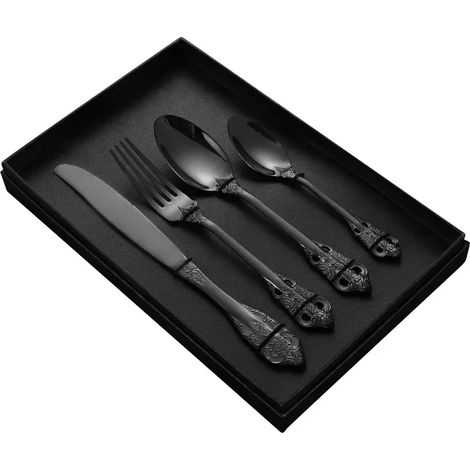 Ensemble de couverts en acier inoxydable (noir, 4 pièces), style européen haut de gamme, ustensiles de cuisine (1/2)