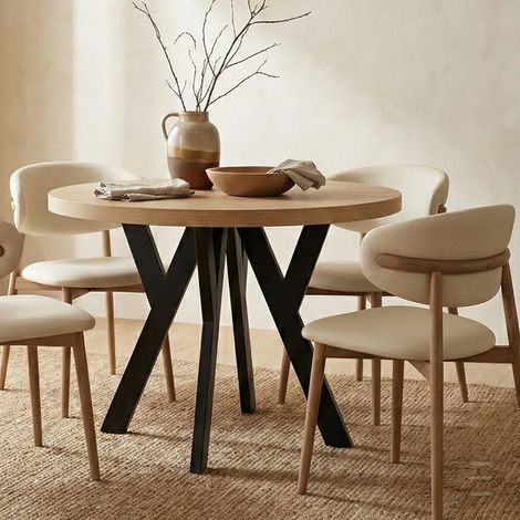Table de salle à manger ronde extensible PERO, style loft, scandinave, diamètre : 110 / 210 cm, couleur : Craft Golden / noir (1/5)
