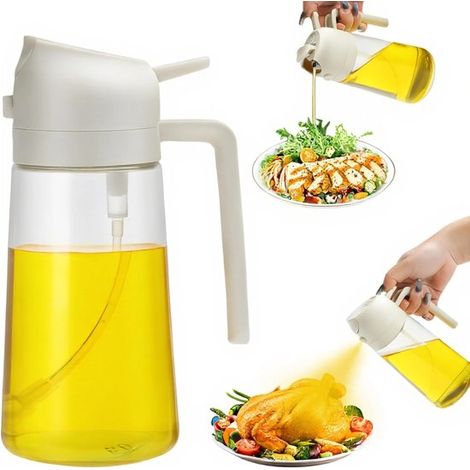 Distributeur d'huile d'olive 2 en 1 - distributeur d'huile d'olive, vaporisateur d'huile, flacon d'huile - 470 ml - Verseur d'huile - Pour la cuisine - Plastique - Blanc transparent (1/5)