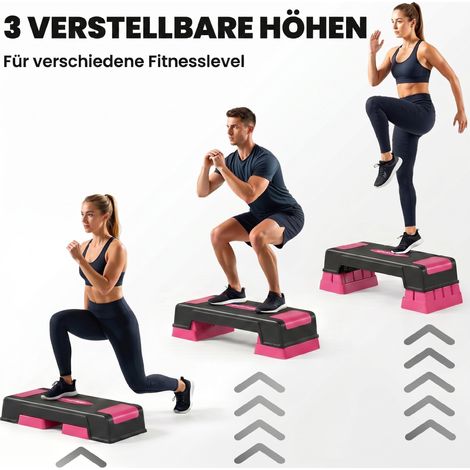 Stepper aérobic réglable en hauteur 3 niveaux (12/17,5/22,5 cm), tapis antidérapant noir et rose pour fitness (1/5)