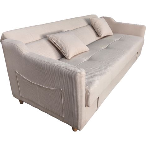 Concept-Usine – Canapé convertible 3 places avec coffre – Velours côtelé beige – Dimensions 198 x 85 x 85 cm – Appui-tête inclinable et poches de rangement