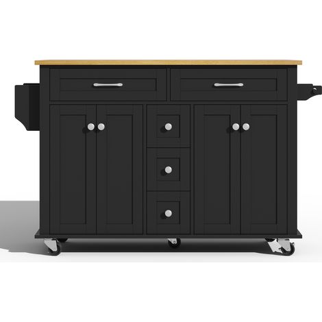 Chariot de cuisine mobile avec plan de travail extensible 120x65 cm, 5 tiroirs, armoires, porte-épices et porte-serviettes, sur roulettes (1/5)