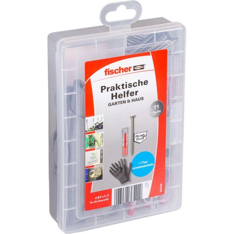 FISCHER 553339 CAJA DE ANCLAJES UNIVERSALES DUO POWER, 40 ANCLAJES, 30 TORNILLOS, 1 PAR DE GUANTES DE JARDÍN, PRÁCTICO AYUDA PAR (1/4)