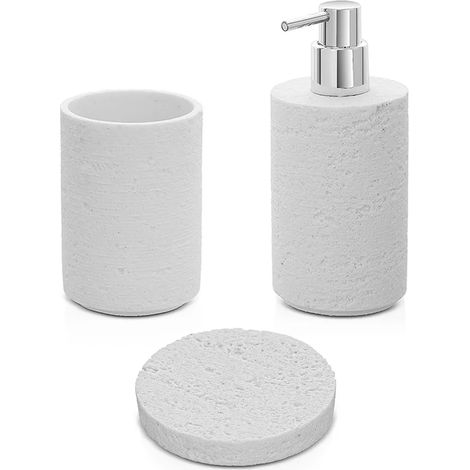 Accessori bagno in set da 3 pezzi bianco in resina effetto pietra Matera (1/5)