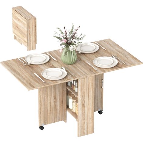 Table Pliable en Bois avec 2 Ailes Repliables et 2 Étagères, Roulante pour Cuisine et Salle à Manger 75x140x74 cm Bois Naturel (1/5)