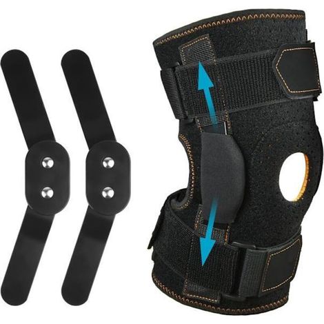 Genouillère articulée avec conception rotulienne ouverte réglable pour soulager les douleurs au genou, avec sangles parallèles et stabilisateurs bilatéraux, adaptée aux patients souffrant d'arthrite. (1/5)