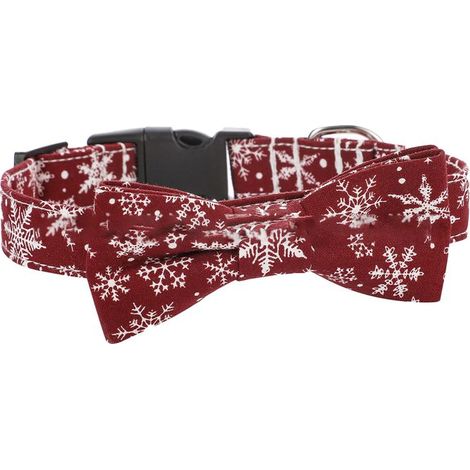 Collier de Noël ajustable pour chien, motif flocons de neige rouges et blancs, avec nœud papillon, disponible en 4 tailles (1/4)