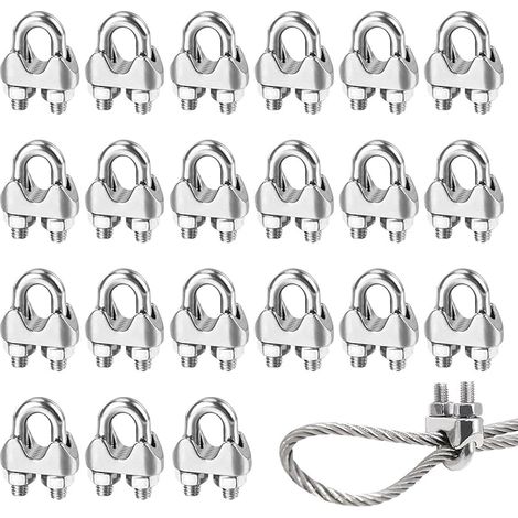 Serre Cable Acier M4 Serre-Câbles Métallique,20 Pièces Serre Cable Inox 4mm,U Boulon Clip de Câble Métalliques,Argent Serre-Câble Rotatif Fixation de Selle pour Clôtures de Jardin,Corde à Linge (1/5)