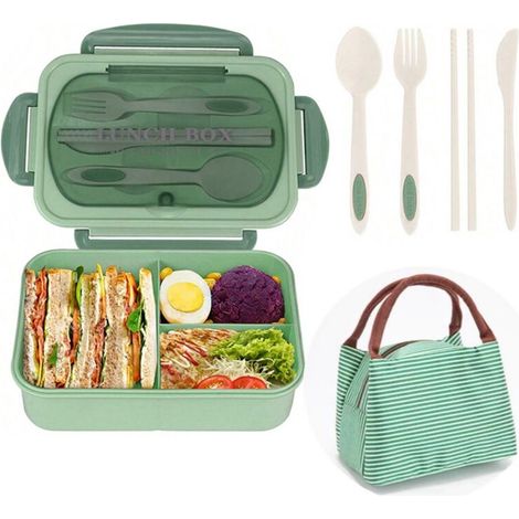 Boîte à bento - 1200 ml - Étanche - Trois compartiments, sac de transport inclus - Vert menthe (1/4)