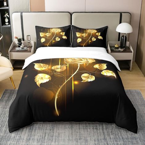Rose 100% Coton Housse de Couette 220x240cm Or Rose Fleur Coton Ensemble de Housse de Couette Jardin Fleur Parure de lit Romantique lettrés Ensemble Valentine Or Noir lettrés - 220 x 240 cm + 2 taies (1/5)