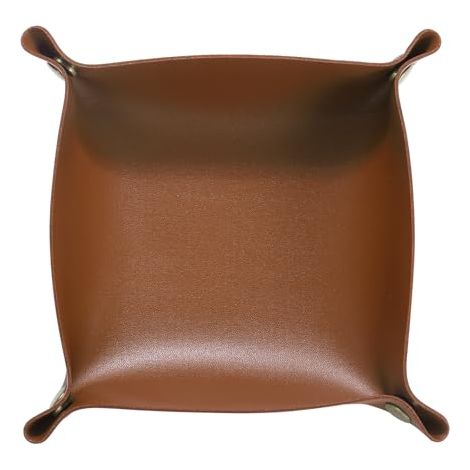 Vassoio portaoggetti pieghevole unisex in similpelle PU, ideale per corridoio, comodino o scrivania, per chiavi, portafoglio, orologio, monete, gioielli e dadi. Colore marrone. (1/5)