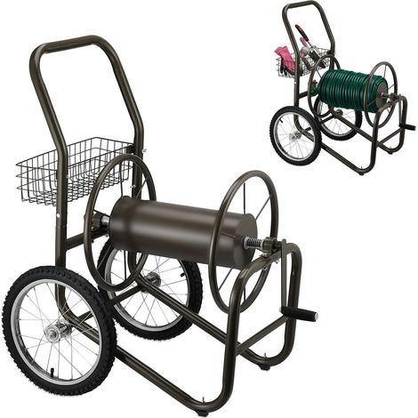 Relaxdays – Dévidoir mural pour tuyau d’arrosage max 90 m – 2 roues en caoutchouc – Panier pour outils – Acier brun – Montage facile
