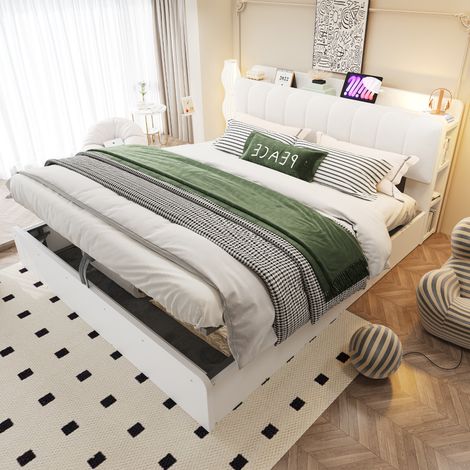 Lit en bois 180×200 cm, sommier hydraulique avec rangement, tête de lit rembourrée avec étagère et compartiment, port USB pour veilleuse, blanc (1/5)