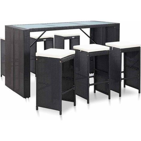 Ensemble Table de bar + 6 Chaises de bar de jardin - Table Haute avec 6 Tabourets et coussins Résine tressée Noir BV325419 - BonneVie