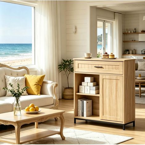 Buffet 70x30x80,2 cm chêne clair en MDF et métal avec tiroir, porte coulissante et étagère réglable (1/5)