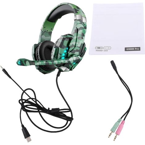 Auriculares supraaurales inmersivos para juegos con iluminación LED para smartphone, portátil, PC y consola de videojuegos. Auriculares ligeros para jugadores (verde). (1/5)
