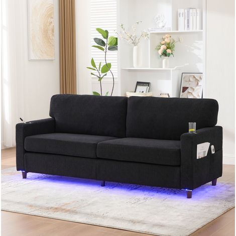 Divano dritto, divano da 2 posti con porta USB-C, illuminazione LED, portabicchieri e tasche laterali, in tessuto felpa (chenille), nero (1/5)