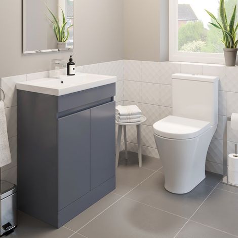 Bathroom Vanity Unit Basin Sink 600mm Modern Close Coupled Toilet WC Grey Gloss (1/5)