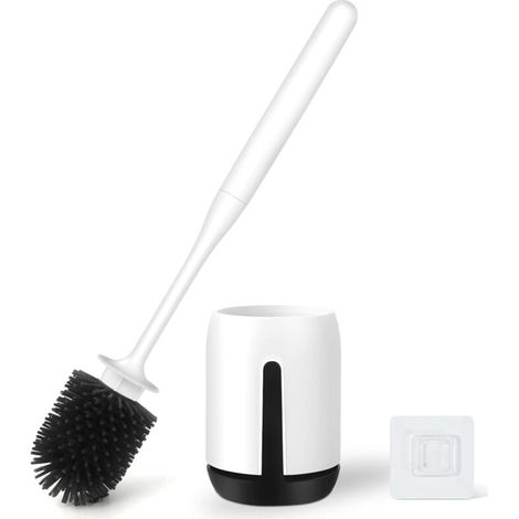 Brosse WC en silicone à tête ronde, murale ou sur pied, antibactérienne, séchage rapide, manche long noir (1/4)